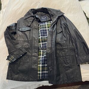 Madewell Black Waxed Rain Jacket with Plaid Lining
